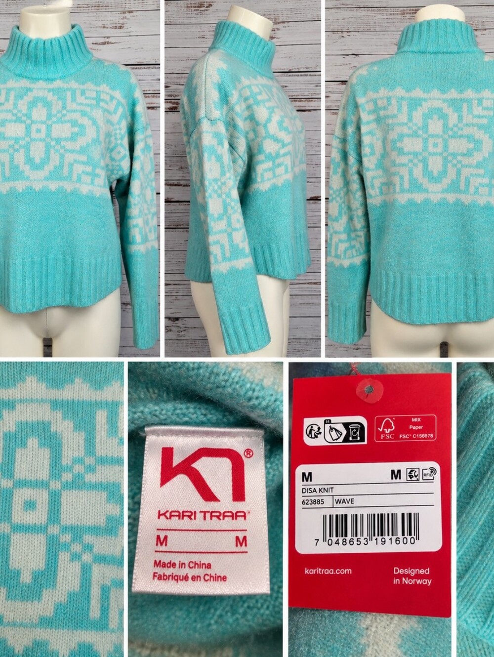 Kari Traa Disa Knit Turtleneck Sweater Medium Wave Nordic Fair Isle NWT